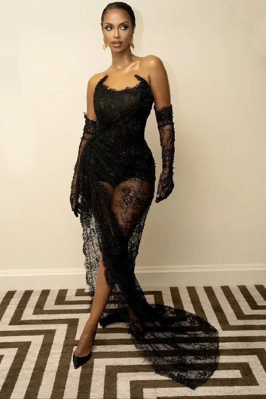 classic fit-and-flare dressEye Catching See Thru Black Lace Asymmetrical Long Maxi Gowns Strapless Corset Sexy Evening Dresses With Train No Gloves