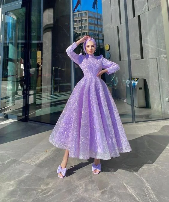 off-shoulder dressModest Purple A-line Prom Dress,Muslim Dress Y7005