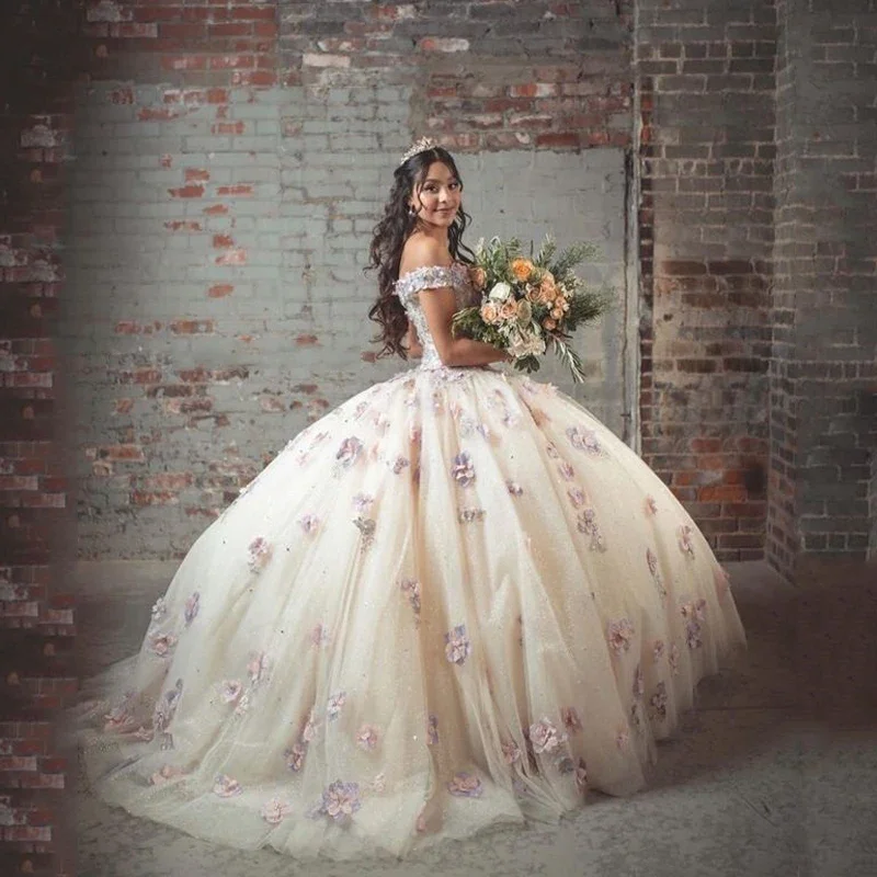 chic wrap dressIvory Ball gown Quinceanera Dresses Sweet 16 dress Off Shoulder Appliques 3D Flower15 Years Girls Prom Gowns