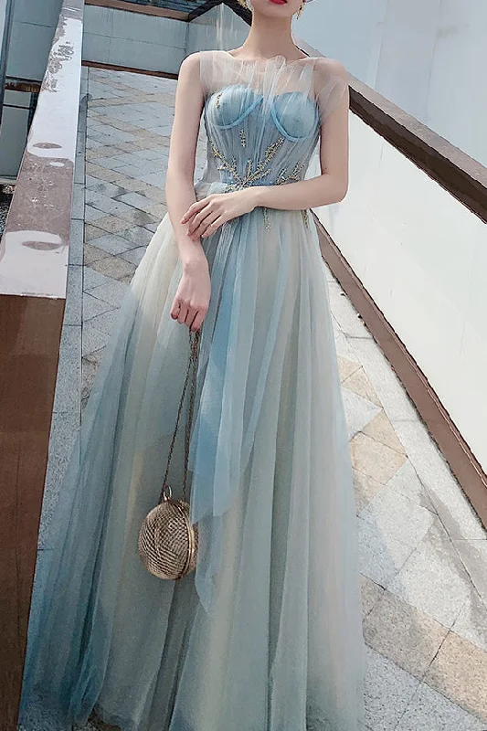 casual evening dressElegant A-Line Light Blue Long Prom Dress with Appliques