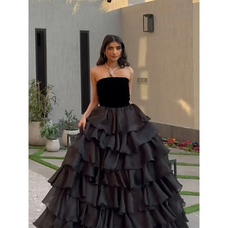 long sleeve dressElegant Black A-line Prom Dress for Women's Strapless Layered Party Evening Gowns Floor Length Formal Occasion Dresses