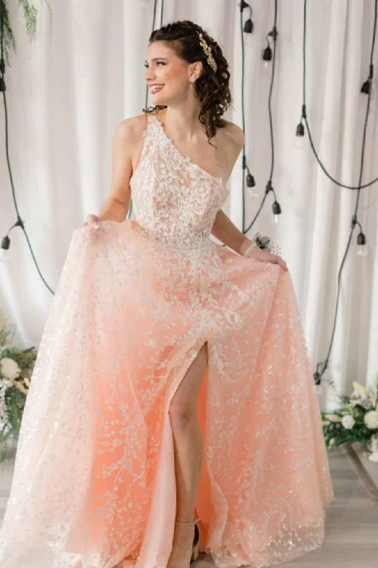 flowy dressSexy One Shoulder lace appliques Long Prom Dress