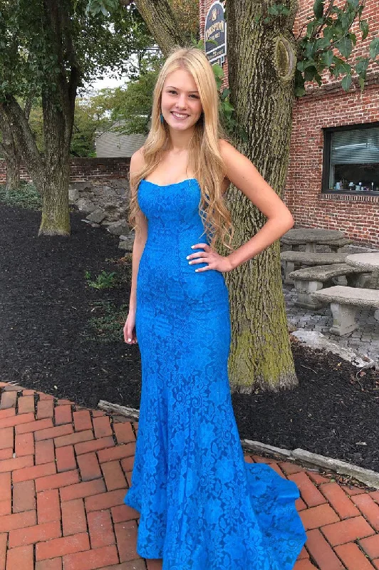 lace dressElegant Straps Blue Long Lace Prom Dress with Train