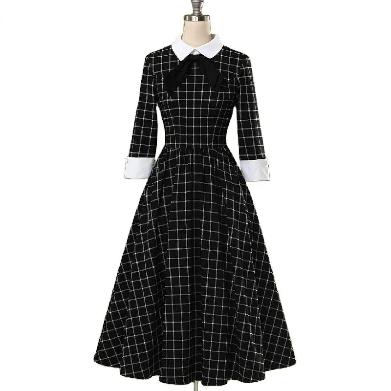 trendy mini dressBerriesJam - 2024 Plaid Collar Bowknot A Line Rockabilly Swing Dress