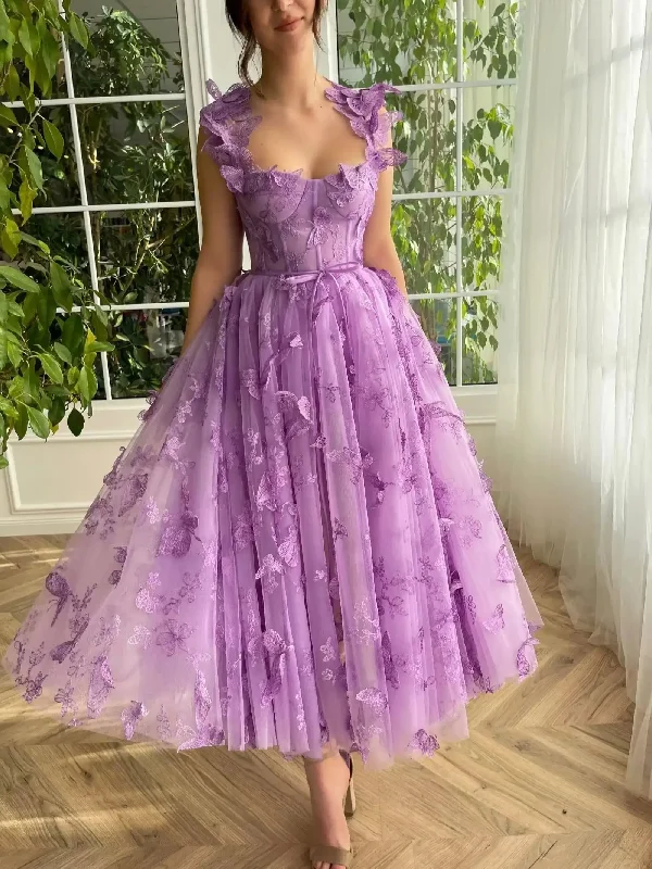 floral wrap dressTulle Prom Dresses 3D Butterfly Spaghetti Straps Tea Length Homecoming Dress