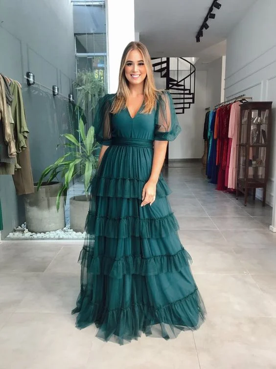 sophisticated dressGreen A-line V Neck Tulle Multi-layered Prom Dress,Green Evening Dress Y6218