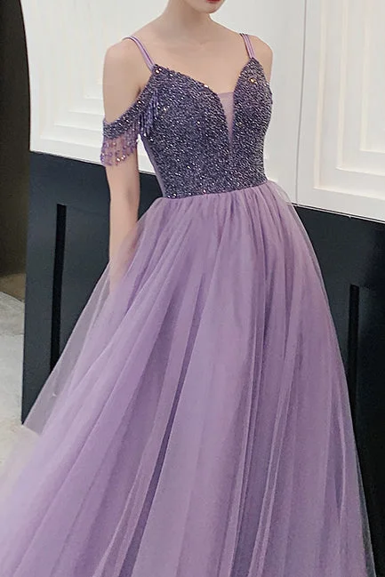 structured dressElegant Cold Shoulder Beaded Lavender Long Prom Dress