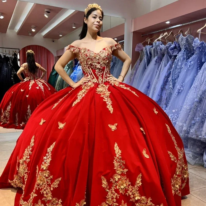 office dressRed Ball Gown Quinceanera Dresses Sweet 16 Dress Tulle Gold 3D Flowers