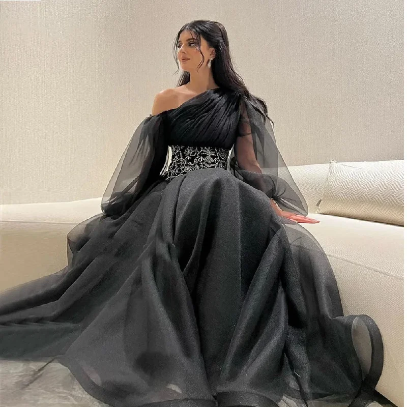 high-waisted dressModern Dubai Arabic Women Black Evening Dresses Organza Puff Long Sleeves Crystal Belt Prom Gowns Formal Party Gown