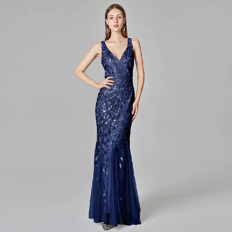 cocktail party dressBerriesJam - 2024 Open Back Sleeveless Embroidered Beads Fishtail Dress