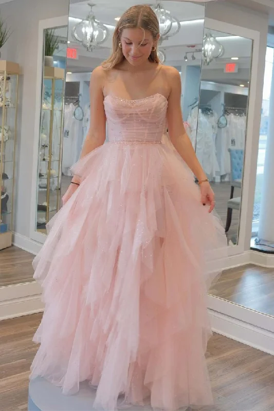 casual summer dressStrapless Sequin Beaded Ruffle Tulle Prom Dress Y7003