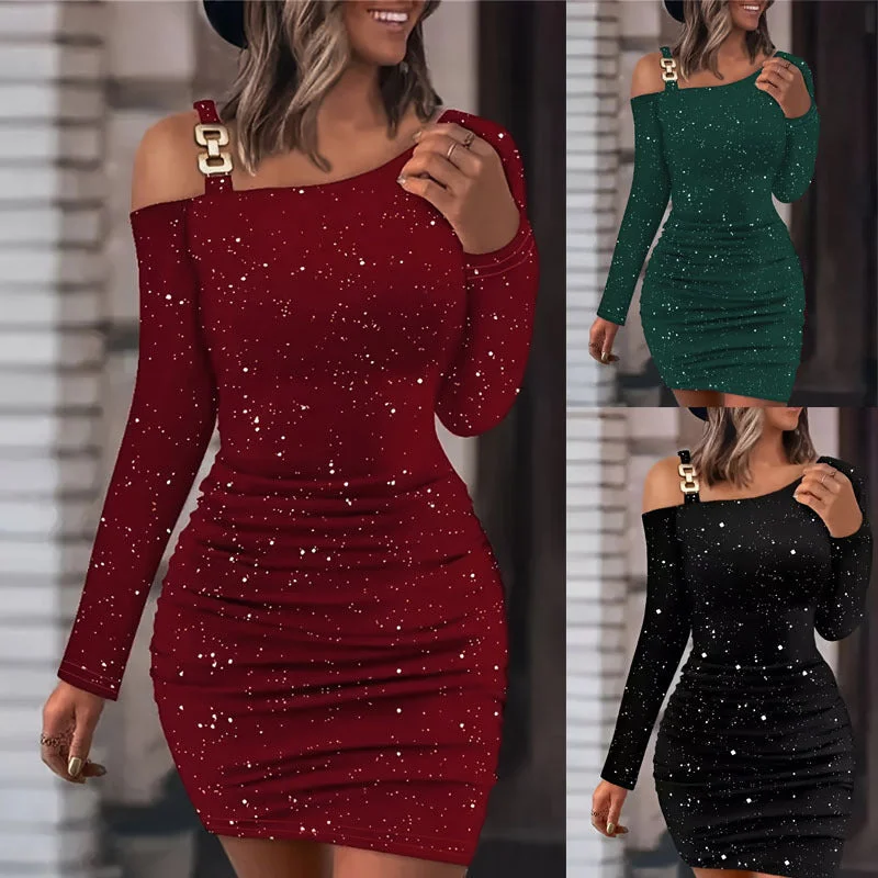 textured dressEuropean And American Solid Color Sequins Slim Fit Dress