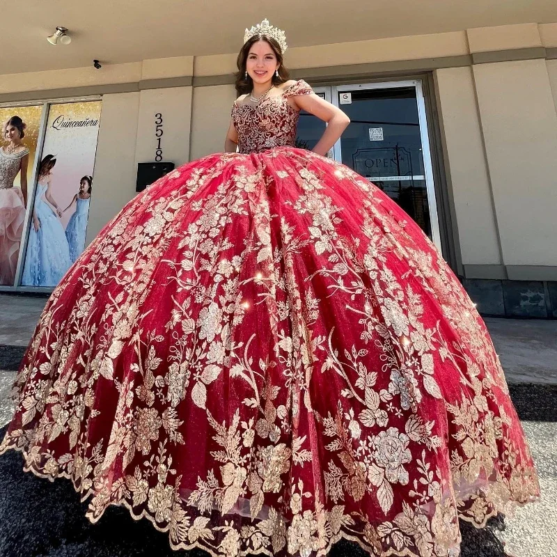 formal dressRed Glitter Sequined Ball Gown Quinceanera Dresses Off The Shoulder Gold Applique Lace Corset Vestidos De 15 Años