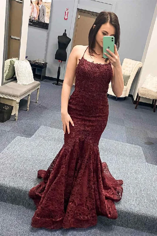 boho-chic dressWine Red Straps Lace Appliques Mermaid Prom Dress