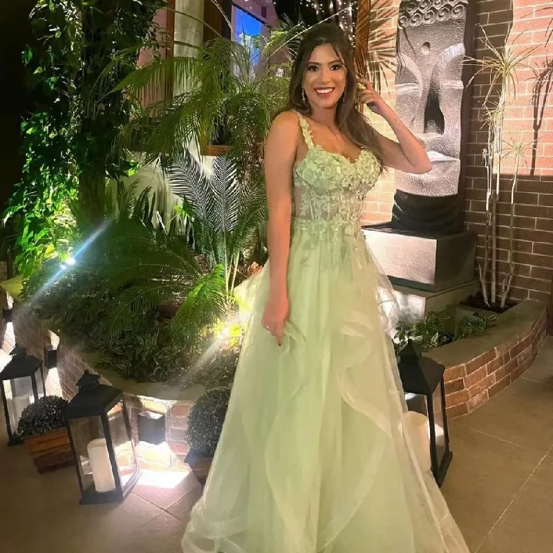 puff sleeve dressWedding Party Dress Applique Tulle Prom Dresses Green Sleeveless A-Line Floor-Length Elegant Party Dresses For Women