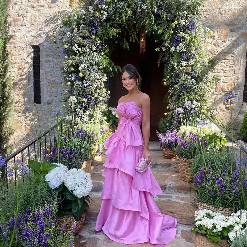 flowy maxi dressClassy Long Pink Prom Dresses With Bow A-Line Custom Made Strapless Ruffled Sweep Train Party Dress Evening Dresses for Women