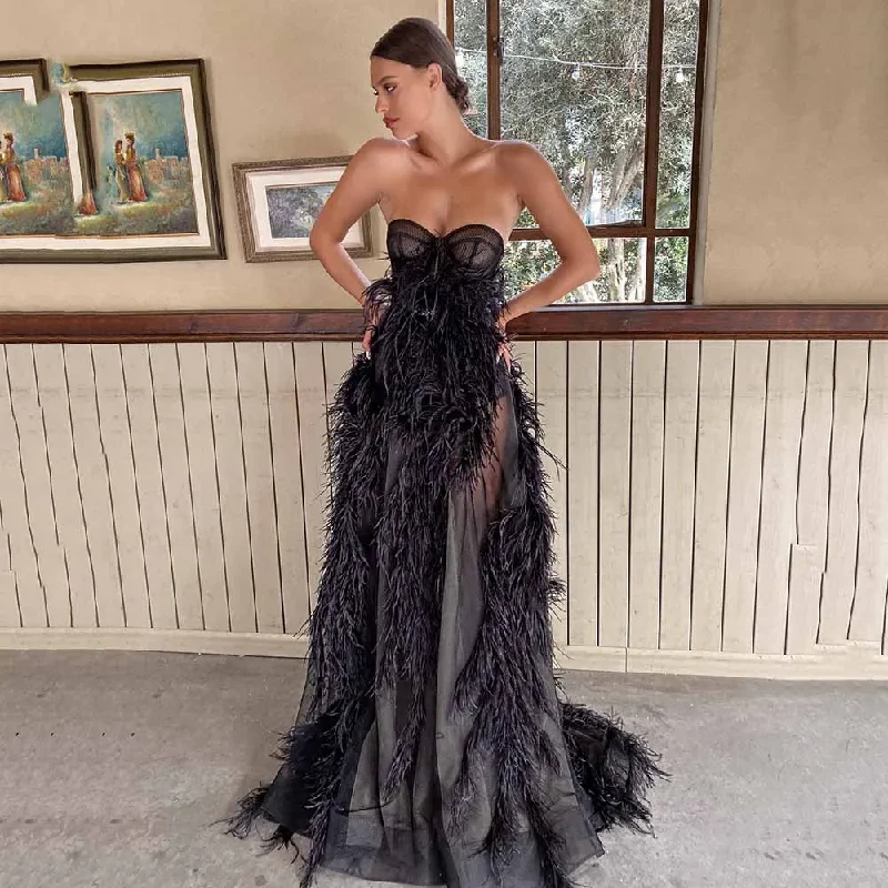 fitted dressSexy Strapless Prom Dress Sleeves Feather Sweep Train Gown For Women Zipper Tulle Dress Formal Wedding Party