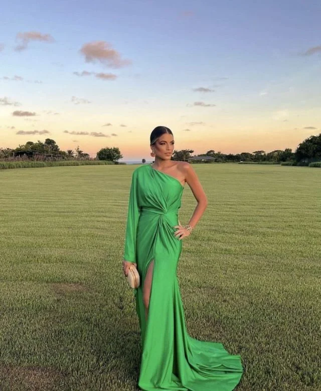 textured dressGreen One Sleeve Evening Dress With Split,Gala Dress  Y5584