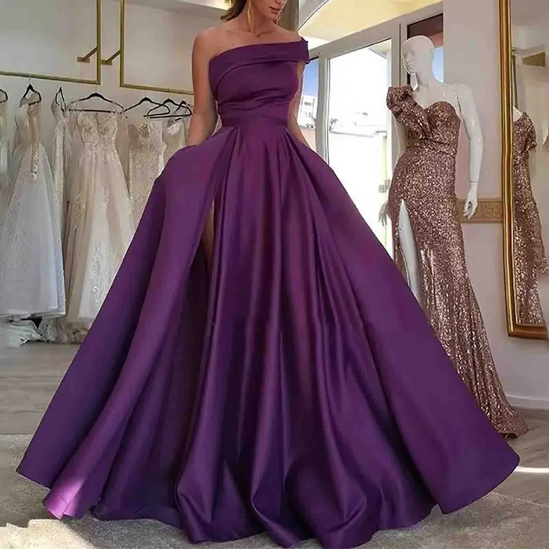 wrap dressWomen One Shoulder Floor Length Side Slit Solid Color Sleeveless Elegant Party Dresses Prom Evening Dress