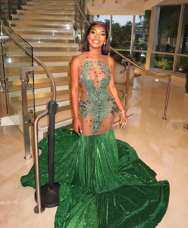 boho-chic dressEmerald Green Mermaid Black Girl Evening Dress for Women Diamond Crystal Sheer Mesh Prom Birthday Gala Gown