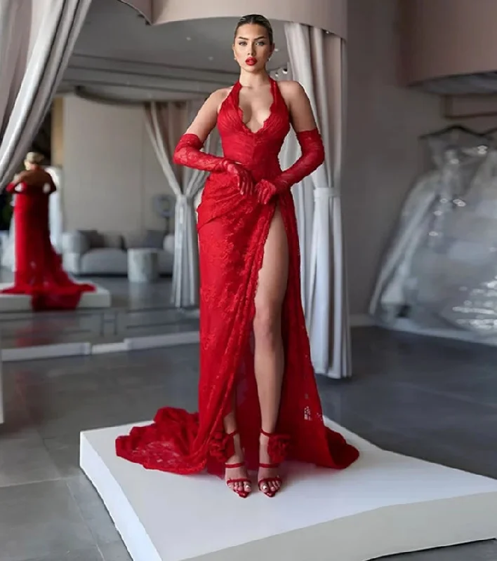 long sleeve dressGorgeous Red Mermaid Evening Gowns 2024 Women's Halter Party Prom Dress High Split Lace Saudi Arabia Special Occasion Gowns