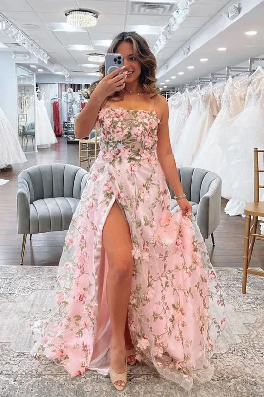 flowy maxi dressA Line Pink Floral Long Prom Dresses with High Slit, Formal Graduation Evening Dresses Y5893