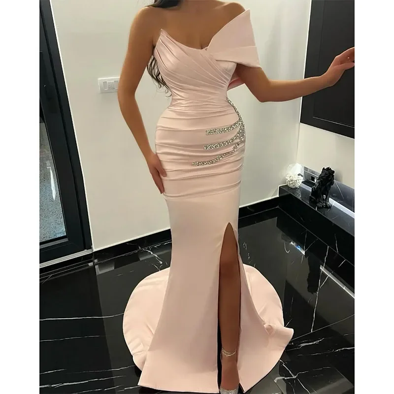 casual slip dressLight Pink Mermaid Prom Dresses Beads Waist Evening Dress Pleats Formal Long Special Occasion Split Party Dress