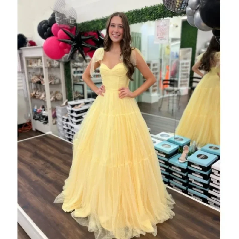 stylish party dressVintage Yellow Prom Dress Sweet Tulle Formal Occasion Gowns A-shaped Evening Vestidos Princess Graduation Party Vestidos