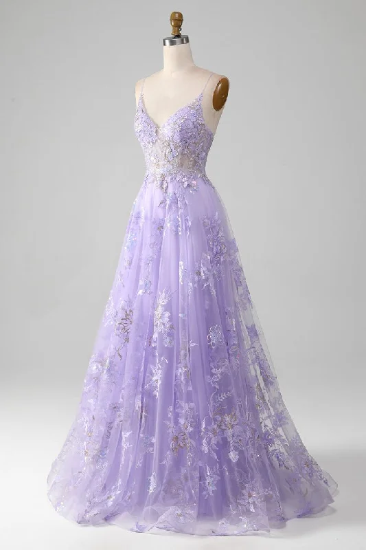 casual evening dressWomen Sequins Purple Prom Dress with Embroidery A-Line Tulle Spaghetti Straps Party Dress Y7023