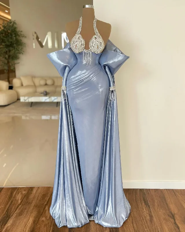 satin midi dressGlossy Leather Blue Long Prom Dresses with Detachable Train Cape Off the Shoulder Elegant Formal Dress Overskirt Evening Gowns