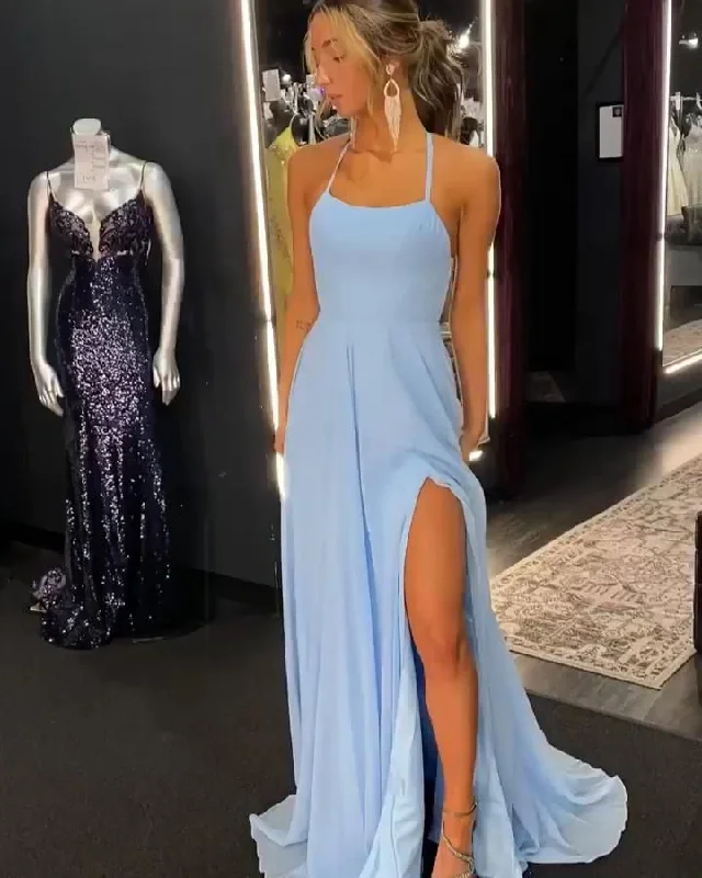 statement dressSky blue chiffon prom dresses halter sheath long evening party dress Y7045