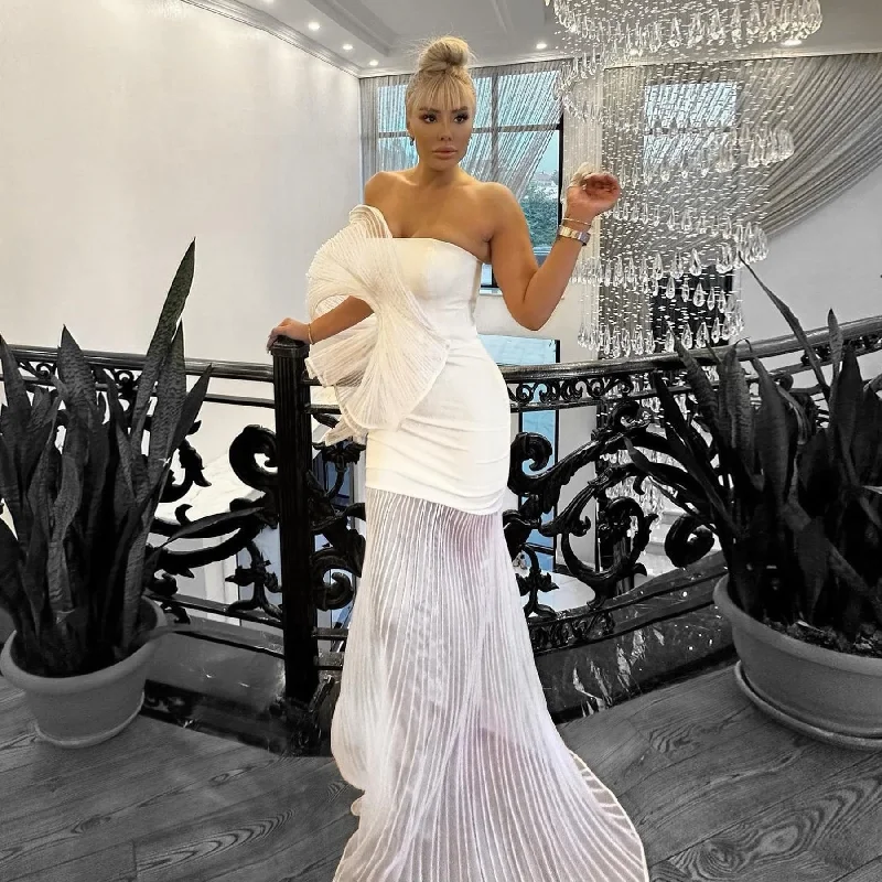 vintage dressFashion White Pleated Long Prom Dresses with 3D Pleated Shoulder Couture Mermaid Evening Party Dress