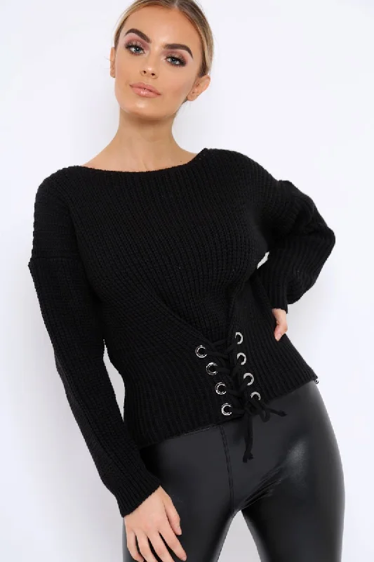 performance pullover sweatshirtBlack Chunky Knit Corset Waist Knitted Jumper - Mikayla