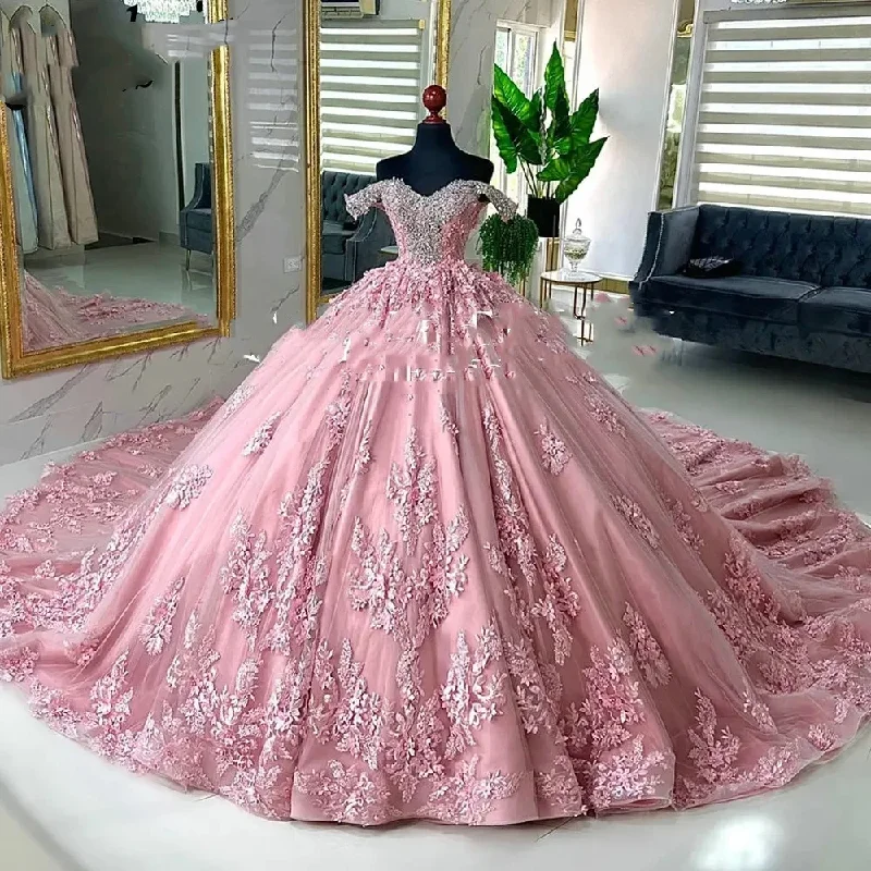 boho-chic dressPink Crystal Beading Off The Shoulder Ball Gown Quinceanera Dresses 2024 Appliques Lace Corset Vestidos De 15 Anos