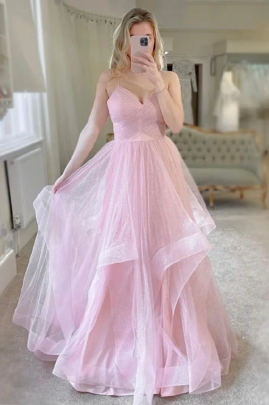 relaxed fit dressPink Tulle Long Prom Dresses, Sweet A-Line Evening Dresses Y6591