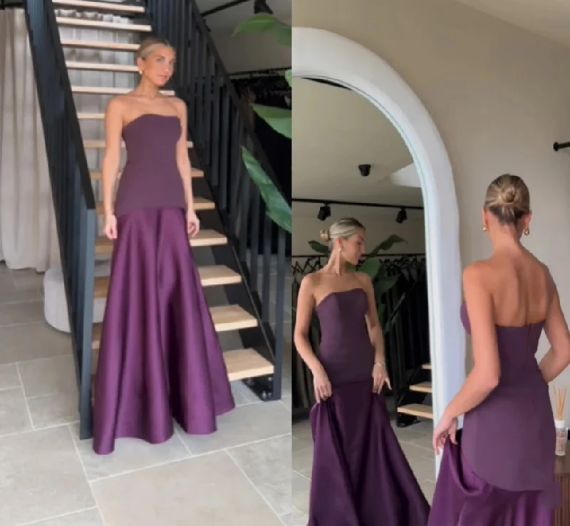 sleek dressSexy Purple Evening Dresses Sleeveless Prom Dress Strapless Floor Length Pleated Formal Party Dresses vestidos de fiesta