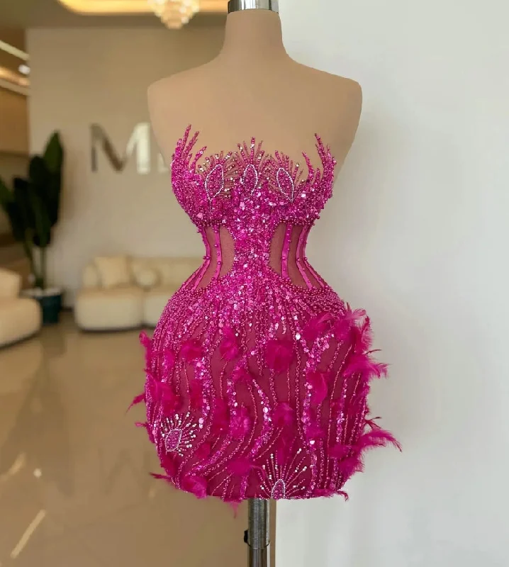 cocktail party dressHot Pink Short Cocktail Dresses with Feathers Beaded Sexy Cut Out Sheer Sparkle Sequins Mini Dinner Dance Party Gowns