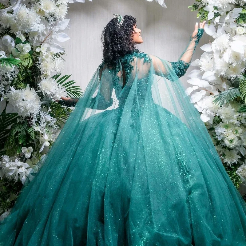 casual summer dressGreen Shiny Quinceanera Dresses Applique Lace Beads With Cap Birthday Prom Dresses For Girl Lace-Up Princess Vestidos De 15Años