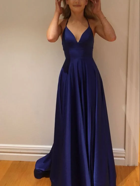 backless dressSimple Blue A-line Prom Dress,Senior Prom Gown Y7206