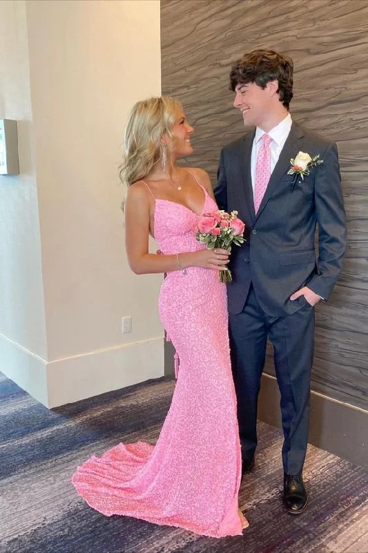 comfy dressElegant Mermaid Sequin Pink Long Prom Dresses Formal Dress