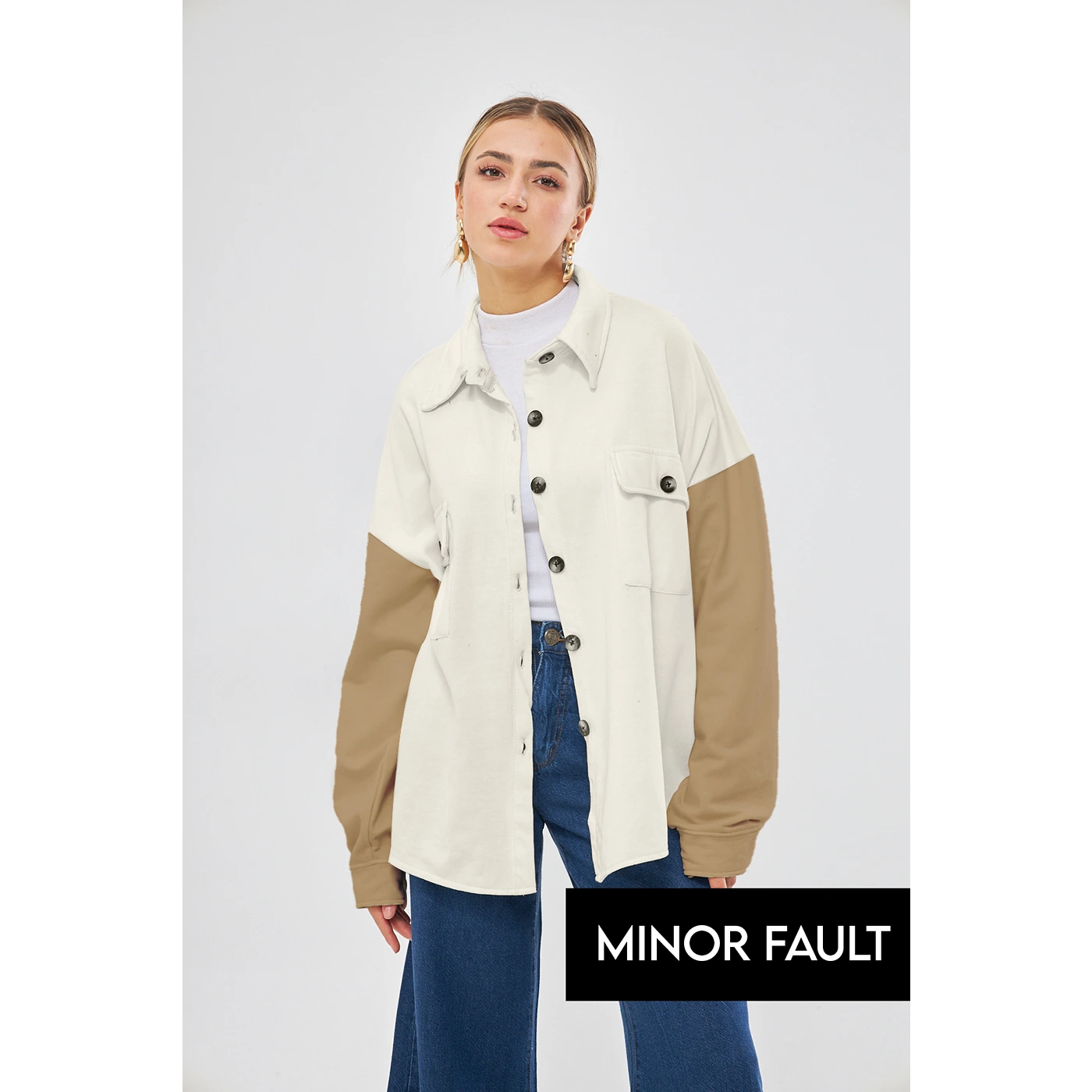 stylish athletic hoodie(Minor Fault) Off-White Contrast Sleeves Oversized Shacket