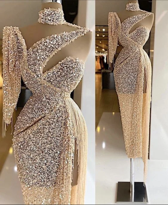 trendy bodycon dressSparkly Sequin Evening Dress Side Slit Prom Dress One Shoulder Tassels Custom Made Y6411