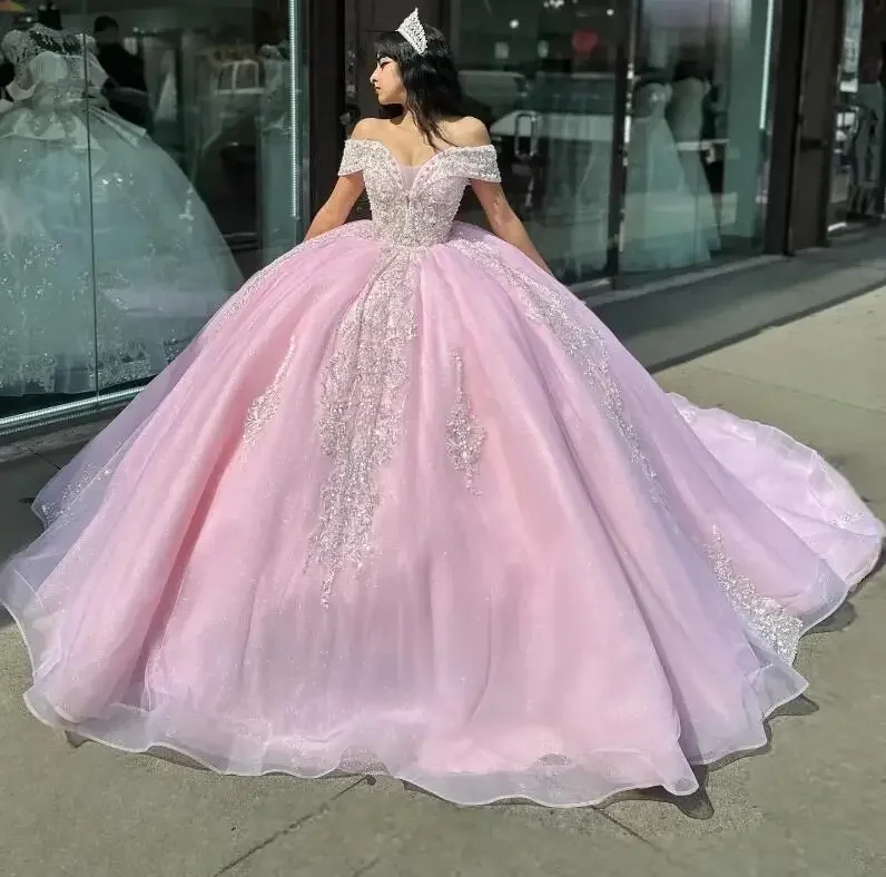 stylish dressPink Shiny Quinceanera Dress Off The Shoulder Mexican Vestidos De 15 Princess Sweet 16 Birthday XV Ball Gown Cinderella dress