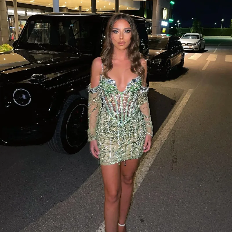 off-shoulder dressSparkly Beading Cocktail Dresses Crystal Sexy Short Illusion Women Gowns Mini Prom Party Dress Evening Wear