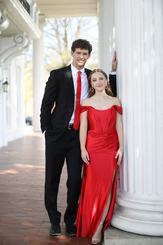 A-line dressRed Off The Shoulder Prom Dress With Split,Red Evening Gown Y6568