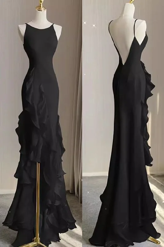 vintage dressSimple Mermaid Beach Black Evening Dress with Ruffles, Spaghetti Straps Backless Prom Gown Y5652