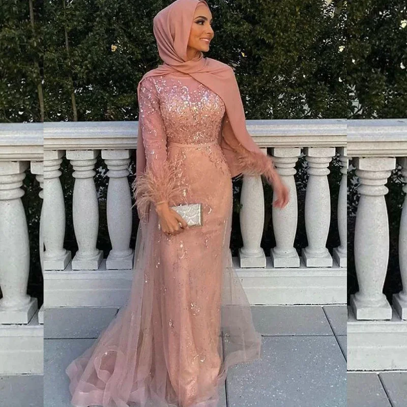 flowy dressMuslim Pink Mermaid Evening Dresses for Women Long Sleeves Feathers Sequined Lace Hijab Soiree Formal Occasion Dress