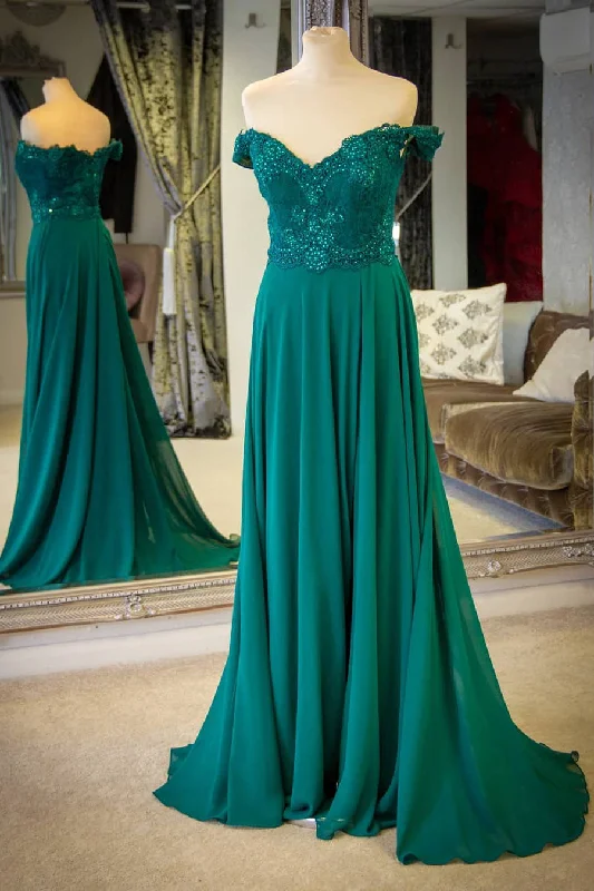 bohemian dressOff the Shoulder A-Line Chiffon Emerald Green Prom Dress