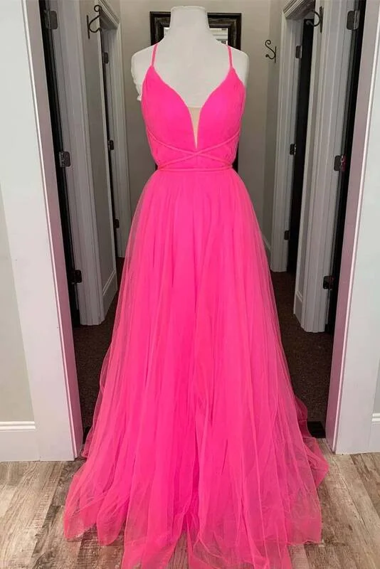 lace-up dressA-line Hot Pink Long Formal Dress