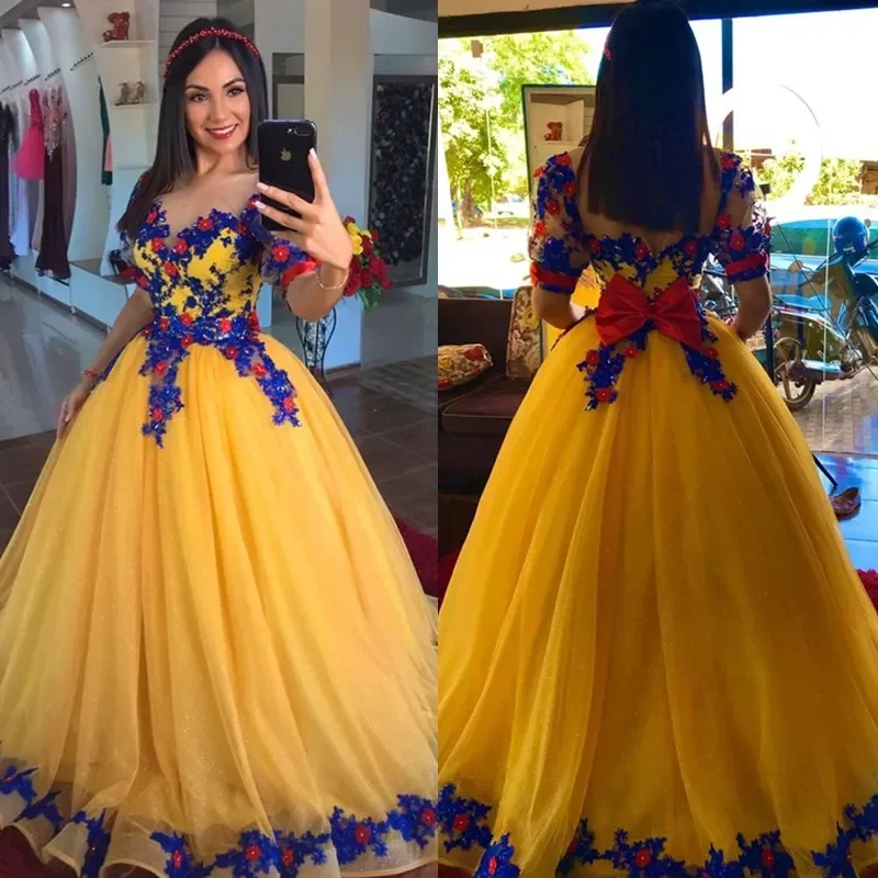 fitted cocktail dressYellow Gold Belle Princess Prom Dresses Sheer Neck Royal Blue Lace Appliques Fairy Tulle Costume Evening Gown Vestido De 15 Anos